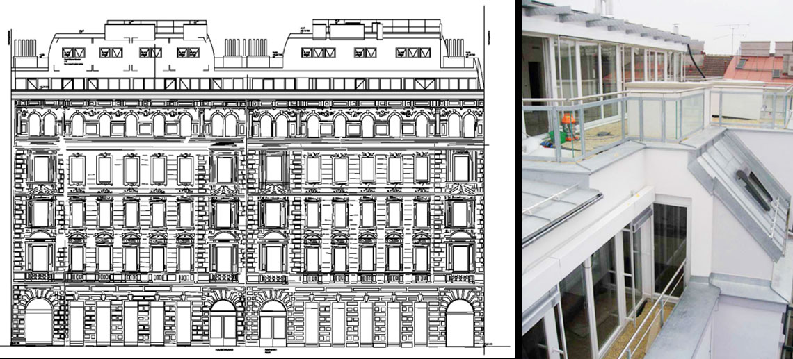 Das Bild zeigt ein Haus im klassizistischen Stil mit modernem Dachgeschoßausbau. Einzelheiten entnehmen Sie bitte der Beschreibung.